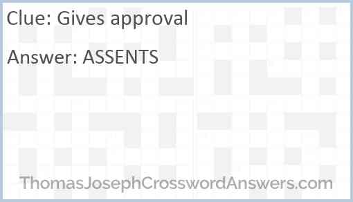 Gives approval crossword clue ThomasJosephCrosswordAnswers.com